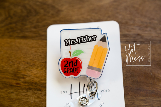Personalized Teacher Badge Reel, Id Holder, Interchangeable Pencil & Paper, Gift