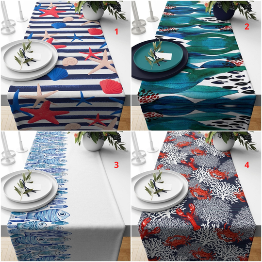 Beach House Table Runner, Fish Cover, Marine Toppers, Lobster Decor, Starfish Tablecloth, Coral Print Home Decor