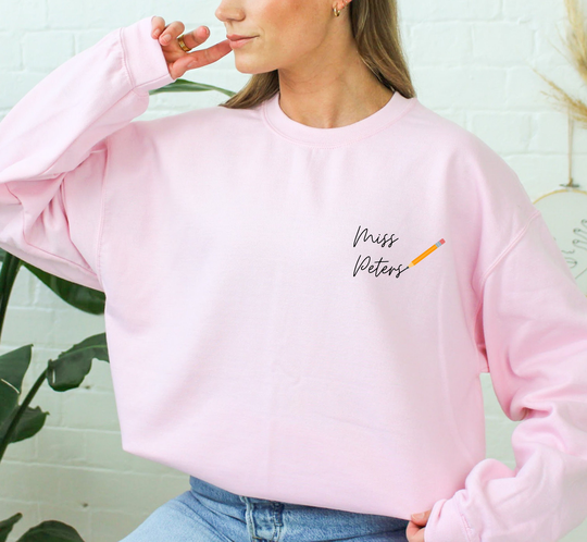 Personalized Teacher Sweatshirt, Name & Pencil Crewneck Customized Apple Sweater, Gift End Of Year