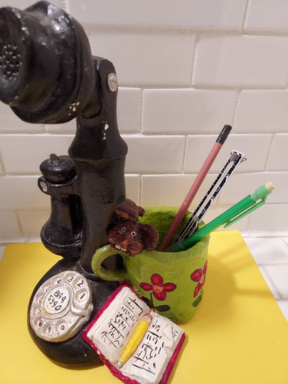Vintage Signed Pencil Holder Vase Folk Art Dial Telephone Old Fashioned Handheld Figurine