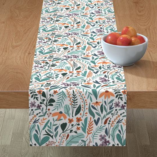 Teal Plants Table Runner - Herbs By Lena Nikolaeva Wild Grass Orange Purple White Blue Nature Cotton Sateen Spoonflower