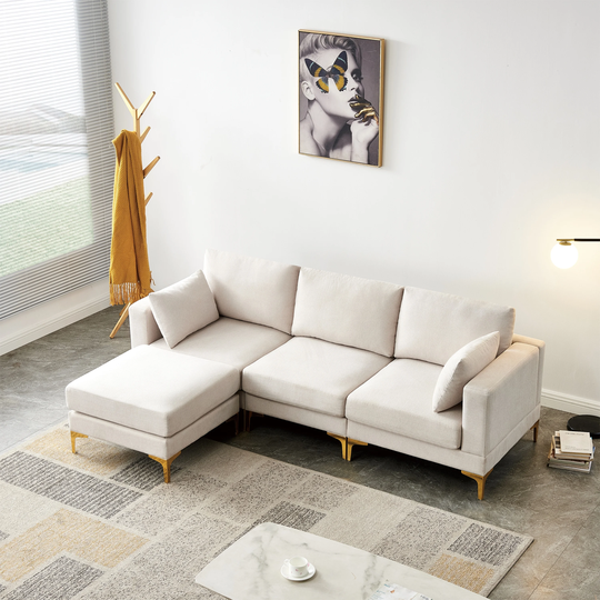 L Shape Sofa Polyester Fabric Padded Free Combination Sofa Living Room Furniture with Gold Metal Legs & (three Seat+Ottoman)