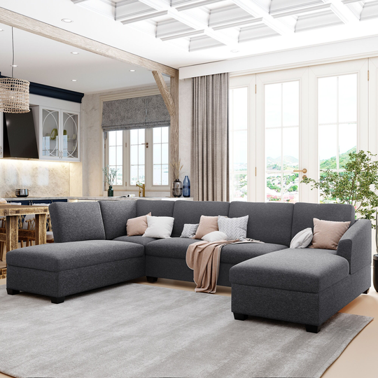 4 Seat Sofa Set U-Shape Sectional Sofa, Double Extra Wide Chaise Lounge Couch