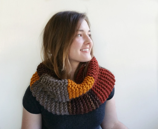 Color Block Chunky Cowl in Gold, Caramel, Brown, Rust, & Taupe. Warm Handknit Accessory