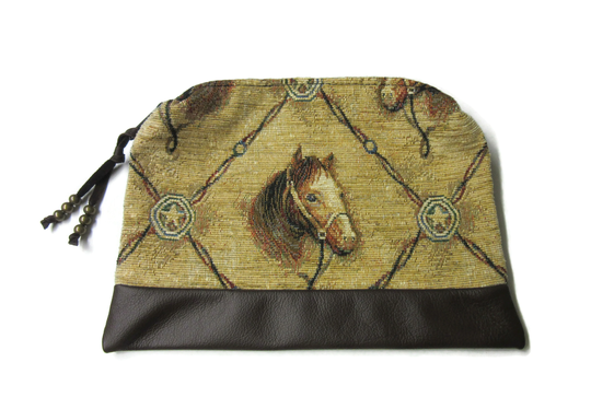 Large Brown Leather Zippered Pouch Pencil Case Cosmetic Bag Make Up Clutch Purse Organizer Horse Stallion Tapestry Fabric