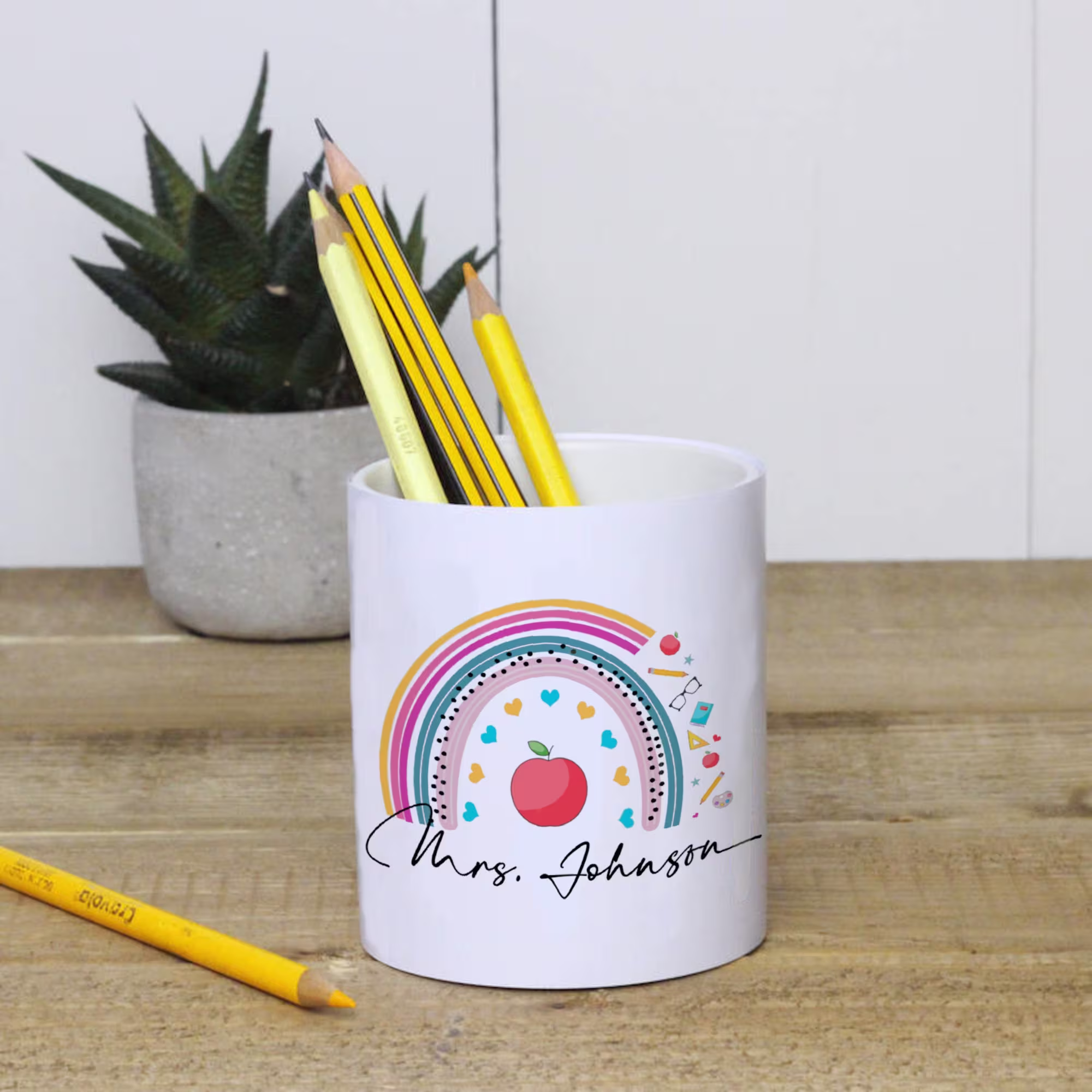 Personalised Teacher Pencil Pot, Custom Pen Holder, Rainbow Desk Tidy Organiser, Gift, Child Minder Gift