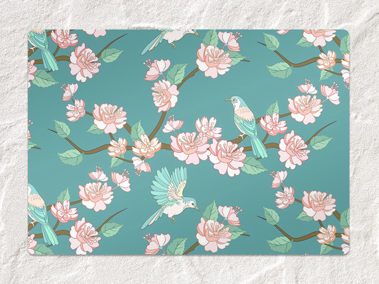 Blossom Birds Chair Mat, Green Vinyl Floor Beige Protective Flowers Splat Area Rug, Kids Room Decor, Splash Mat
