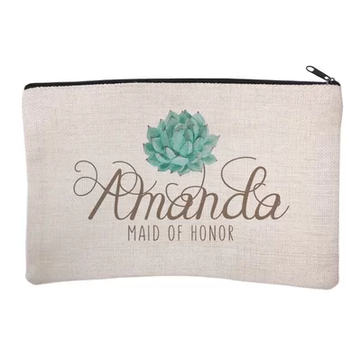 Personalized Succulent Bridal Party Maid of Honor Cosmetic and Makeup Bag