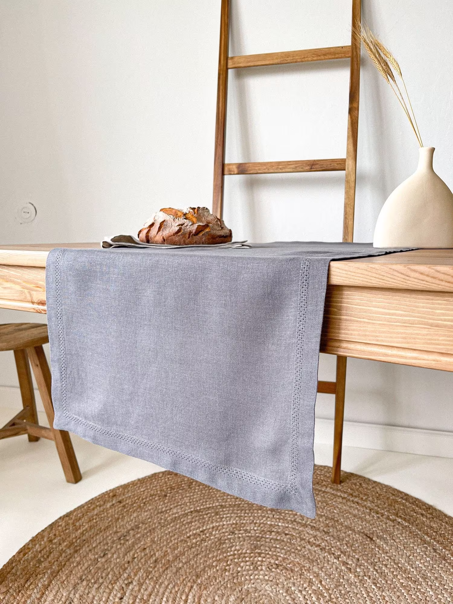 Hemstitch Linen Table Runner, Vintage Decor, Sustainable Kitchen in Dark Gray