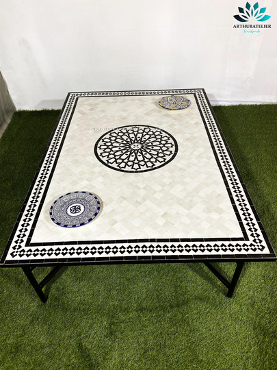 Table For Outside Made From Mosaic Rectangular White & Black Colors 100% Handmade Moroccan Tiles
