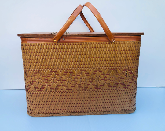 Vintage, Redmon Picnic Basket & Snack Table, Stamped Redmon, Peru Ind., Classic Diamond Weave Band, Wood Lid, Double Metal Handles