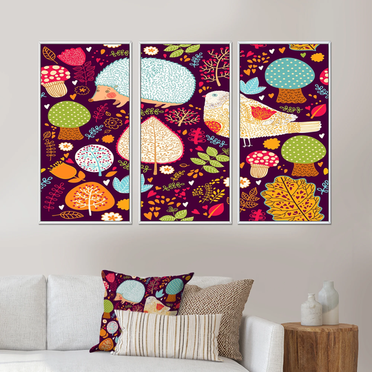 Designart 'Abstract Shapes In Vibrant Retro Colors' Patterned Framed Canvas Wall Art Set of 3 - 4 Colors of Frames