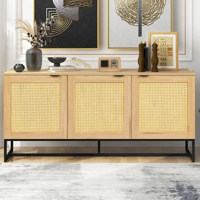 Wicker Sideboard Storage Cabinet With 3 Doors