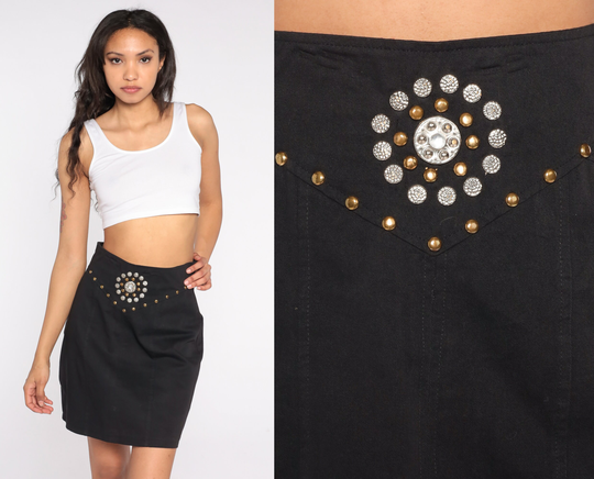 Black Studded Mini Skirt 90S Pencil High Waisted Western Rocker Wiggle Gothic Retro Waist Goth Rock Party Vintage 1990S Small S