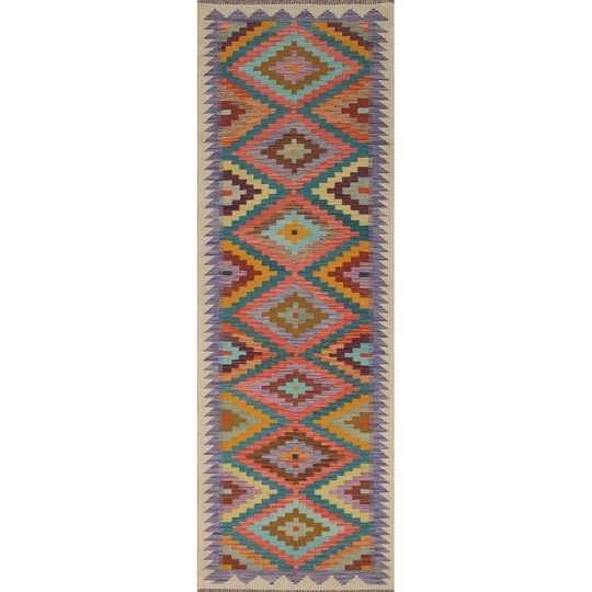Flatweave Southwestern Kilim Runner Rug Multi-Color Wool Carpet - 2'10" x 10'0"