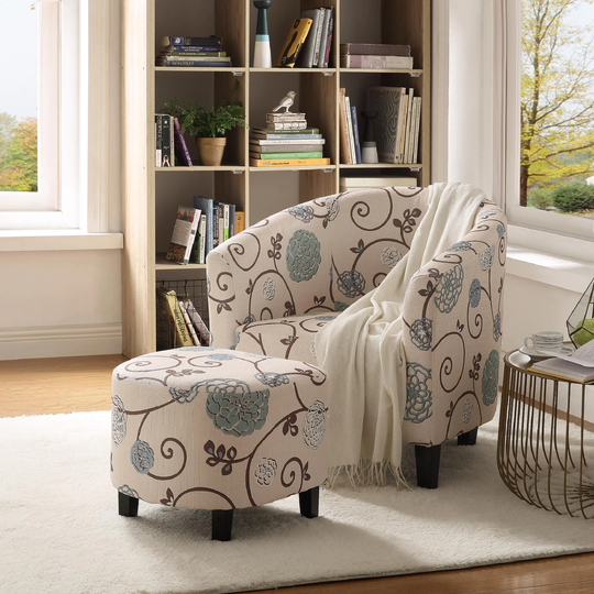 Retro Accent Linen Upholstered Living Room Chair Barrel Chair with Ottoman