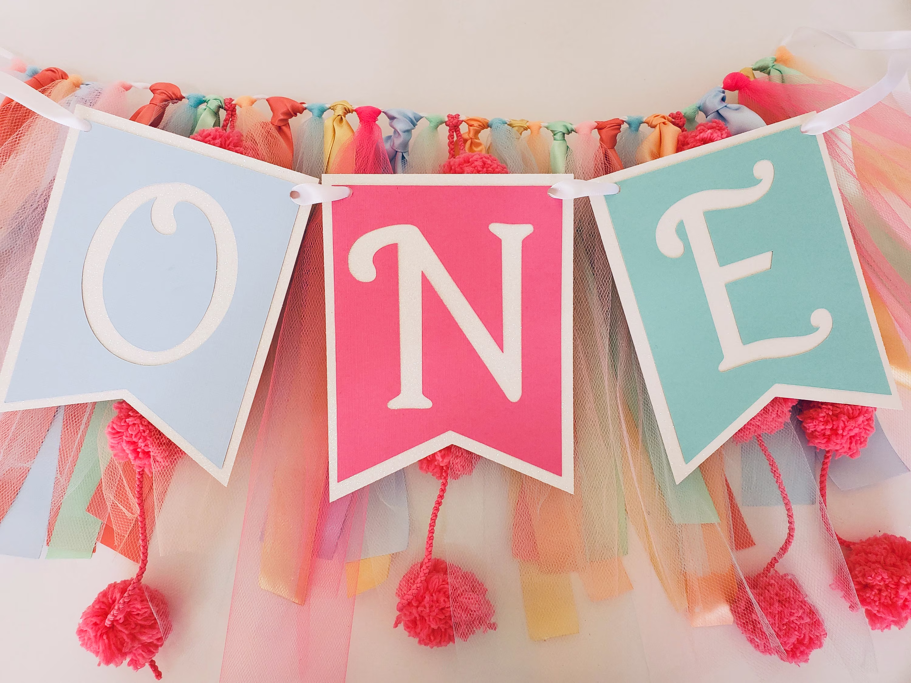 Bright Colors High Chair Banner. One Banner. Rainbow Color Garland. 1st Birthday Decorations. One Birthday. Tulle & Ribbon