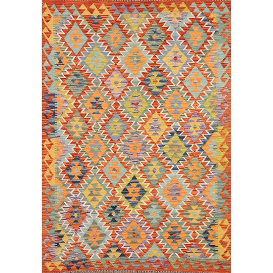 Colorful Kilim Area Rug Hand-woven Oriental Wool Carpet - 5'0"x 6'7"