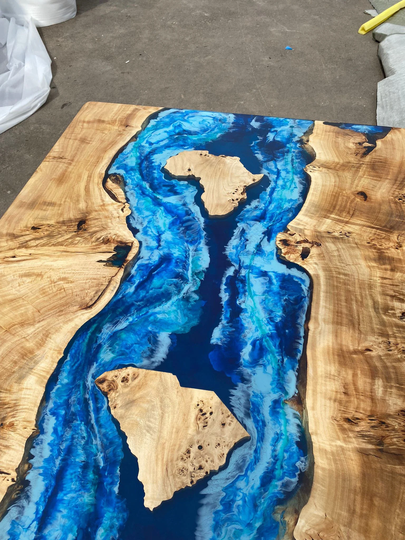Live Edge Table, Custom 72" X 36" Poplar Wood Blue, Turquoise & White Waves Epoxy River Dining Order For Carmelita