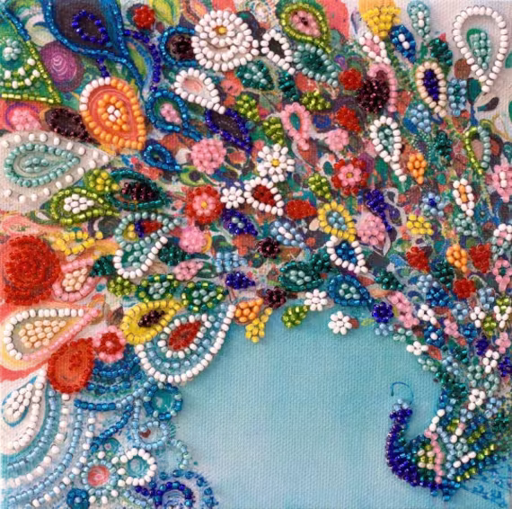 Set-Mini Diy Bead Embroidery Kit On Art Canvas "Colorful Train - Peacock", Gift. Size 5.9"x5.9" | 15x15 cm | Abris