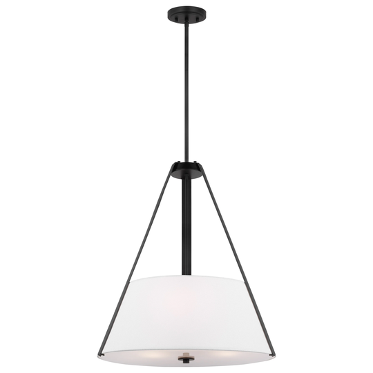 Brewster 3 Light Pendant Black Finish Faux Leather Wrapped Straps White Textile Shade