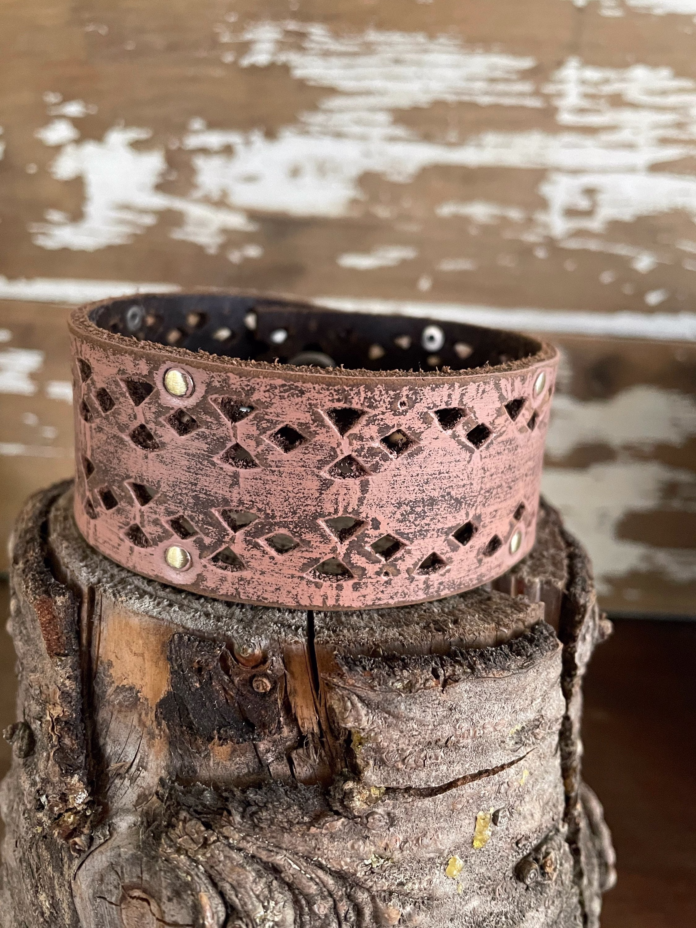 Pink Leather Cuff-Create Your Own-Hand Painted & Distressed Leather-Word Cuff