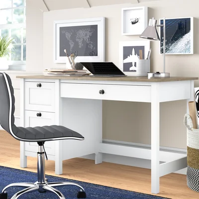 Adio 54W Computer Desk with Drawers In Pure White and Shiplap Gray