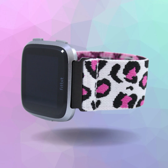 Elastic Fitbit Versa Watch Band - 1, 2, Lite- Custom Fit White Pink Black Leopard Cheetah Boho Chic Holiday Bday Winter Ice Gift