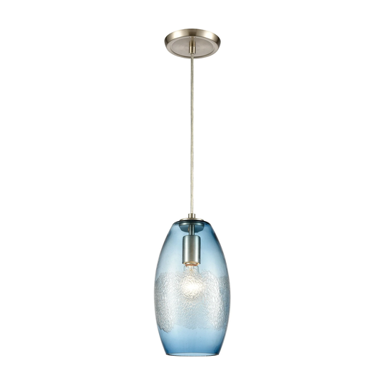 Ebbtide 1-Light Mini Pendant in Satin Nickel with Aqua Blue and Lightly Textured Glass