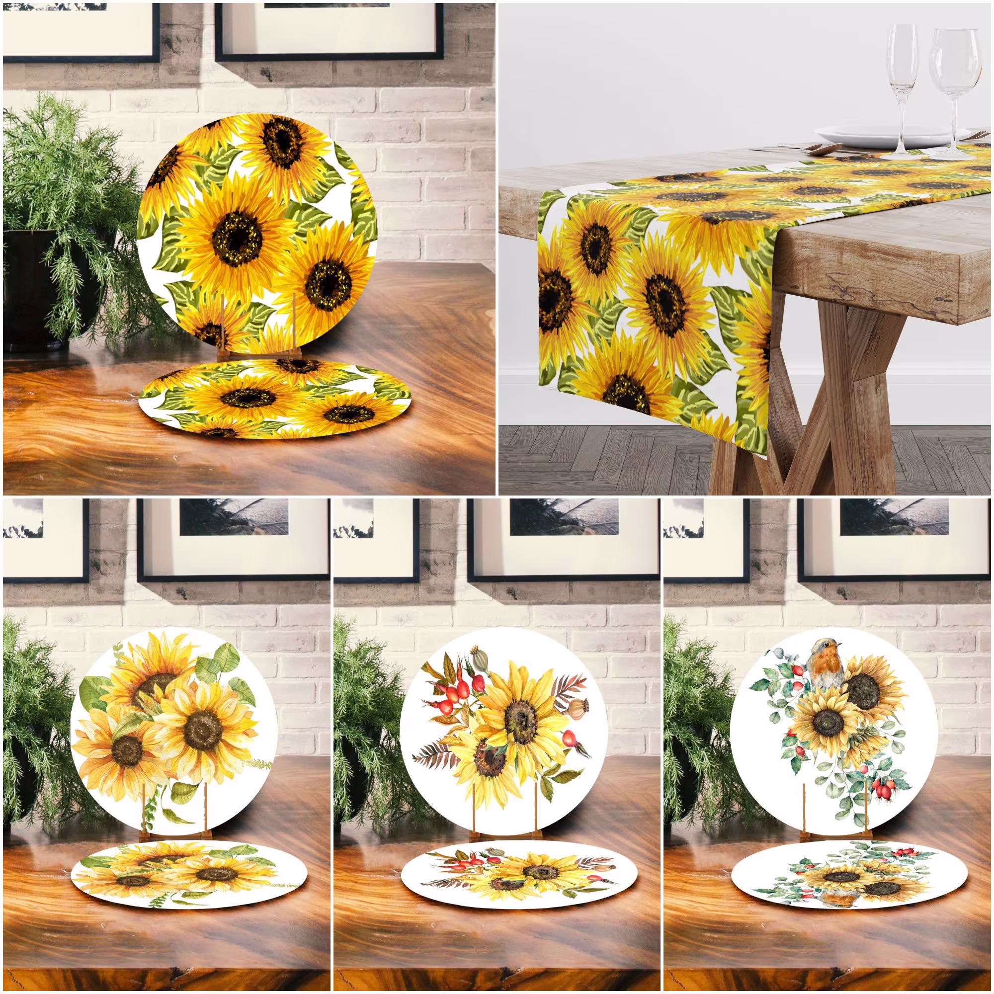 Sunflower Placemat & Table Runner|Floral Top|Set Of 2 Supla Mat|Round American Service Dining Underplate & Coasters