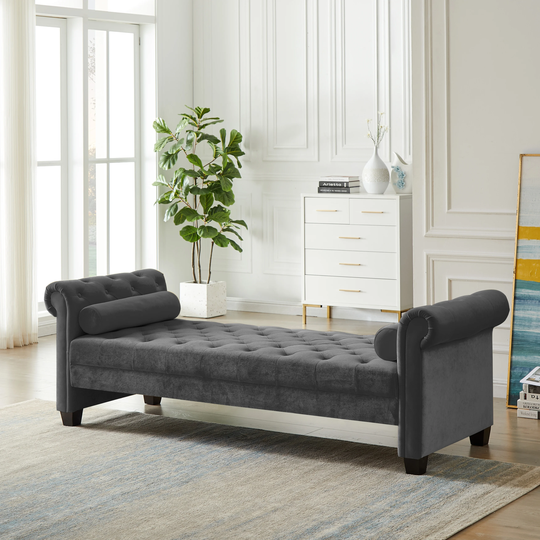 Rectangular Large Sofa Stool Home Furniture Stool Sleeper Sofa with Tufted Cushions and Armrests and Solid Rubber Wood Feet