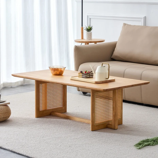 Minimalist Coffee Table, Solid Wood Center Table with Natural Rattan, 2-Tier Open Shelf, Rectangle Boho Farmhouse Coffee Table
