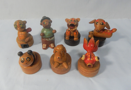 Antique Wooden Pencil Sharpeners Set Of 7 Circa Early 20Th Century Made in Shanghai Retired Discontinued