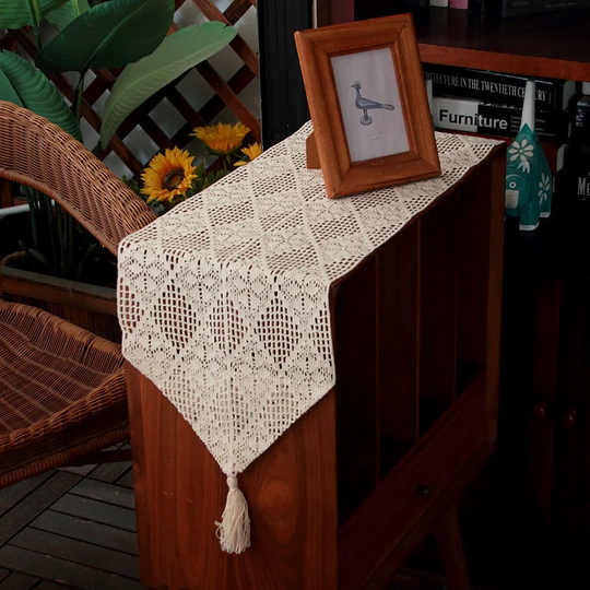 Beige Cotton Crochet Table Runner With Tassels | Rustic Decor Boho Lace Natural Macrame