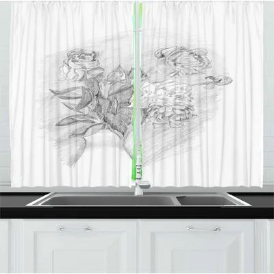 2 Piece Ambesonne Charcoal Pencil Drawing interpretation of Roses in a Vase Sketchy Romantic and Gloomy Art Kitchen Curtain Set