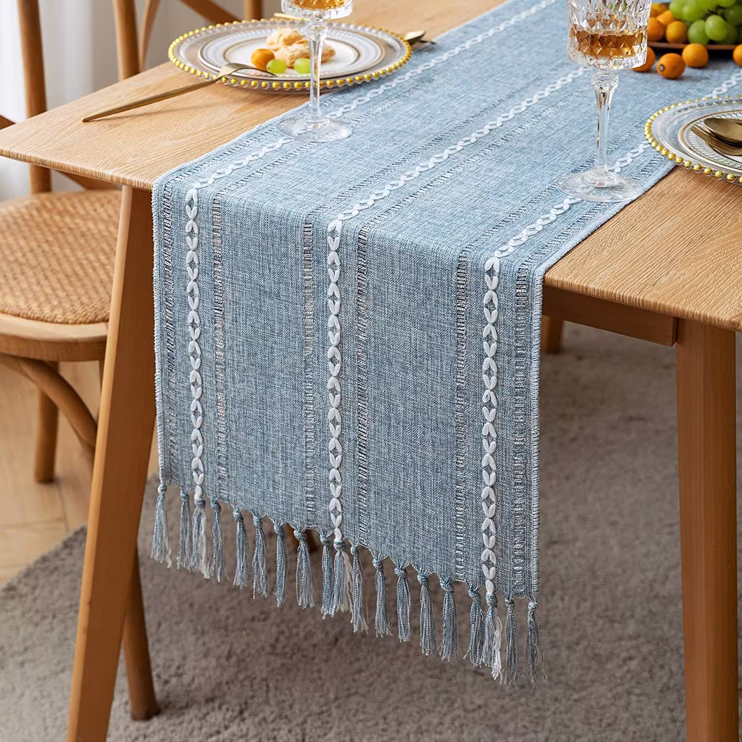 Blue Table Runner - Easter Farmhouse Coastal Handmade Decor Boho, Spring
