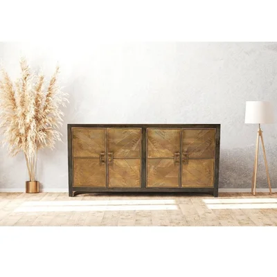 80 Inch Slim Geometric Pattern 4 Brass Doors Wood Base Sideboard Buffet Greece