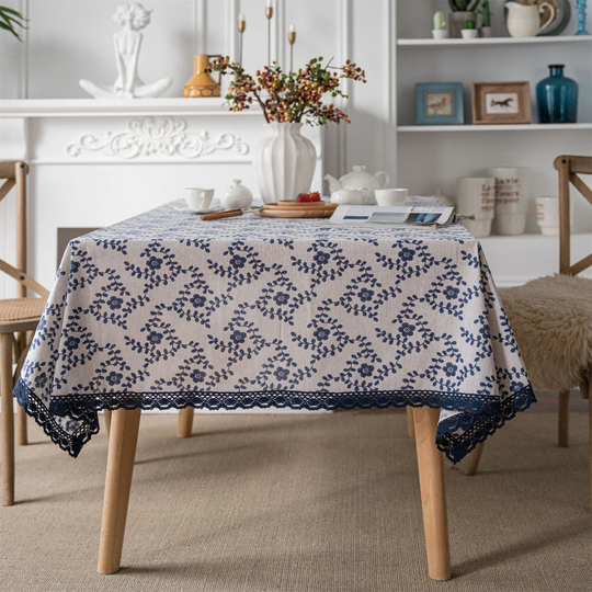 Vine Leaves Table Cloth, Rectangle Cotton Linen Tablecloth Floral, Lace Edge Cloth Decor, Pillow Cover Pastoralism Elegant Blue