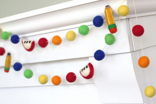 Back To School Pencil & Apple Felt Ball Garland - Bright Rainbow - First Day School - Classroom Decor - 1" Balls, 2" Apples, 2.75" Pencils