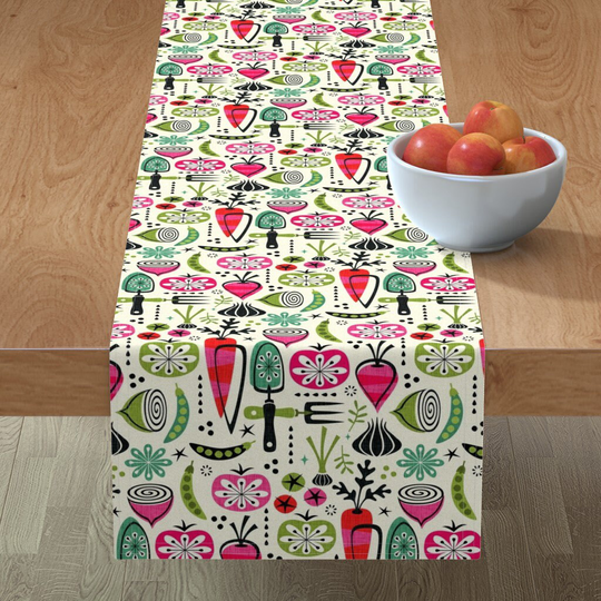 Retro Garden Table Runner - Mod Veggie By Studioxtine Mid Century Peas Beets Carrots Cotton Sateen Spoonflower