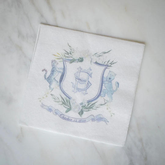 Full Color Family Crest Linen-Like Wedding Napkins, Monogrammed Linun Cocktail Personalized Napkin, Bridal Shower, Engagement Party