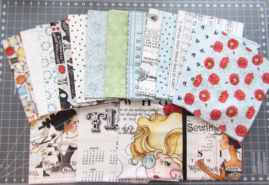 3 Panels + 14 Yards Retired Best Of She Who Sews One Yard Bundle Aqua Blue J. Wecker Frisch Main Calendar Pin Cushion Shop Signs Factory Cut