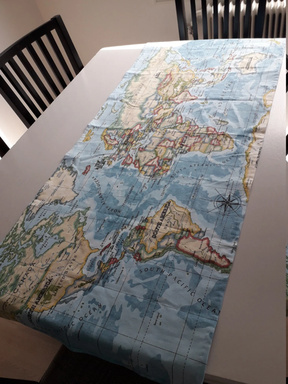 English Cotton Table Runner With A Printed World's Map