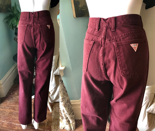 Vintage 1990's Guess High Waist Denim Jeans Maroon Merlot Red Tight Ankle Crop Pencil Pants Valley Girl