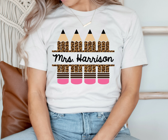 Teacher Shirt With Name - Leopard Print Pencils Personalized Mrs Gift Appreciation Graduation