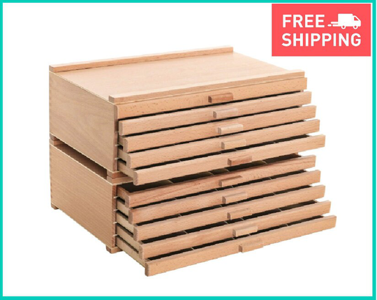 10 Drawer Wood Artist Supply Storage Wooden Box For Storing Pastels Pencils Pens Markers