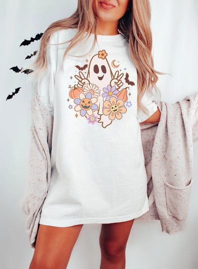 Floral Ghost, Comfort Colors Smile Shirt, Retro Smiley Tee, Crew Neck, Short Sleeve, Oversized, Halloween, October 31, Bats, Pumpkins