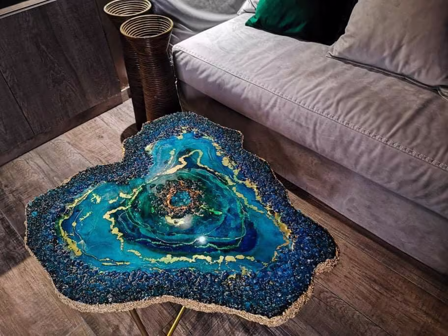 Geode Blue Coffee Table, Resin Epoxy Finish Crystal Shiny Lagoon Interior Decoration Imperfect Geometrical Table
