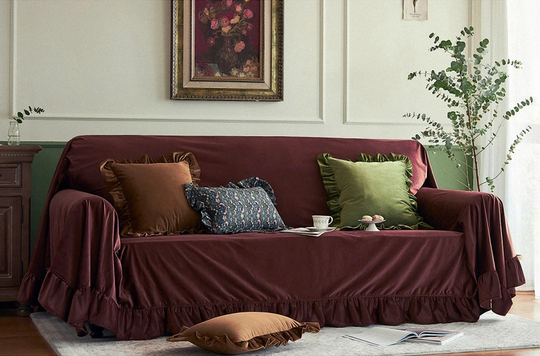 Ruffled Burgundy Velvet Sofa Slipcover, 100Colors, Custom Made Cover, 2 Seater Cover, Chaise Lounge Cover