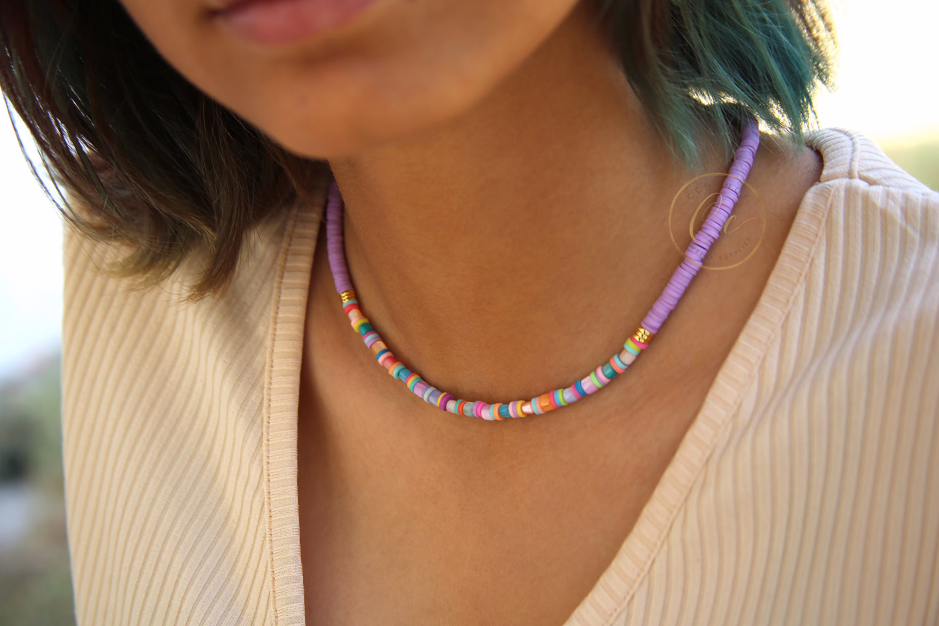 Colorful Heishi Beaded Necklaces With Shell Beads & Gold Plated Discs